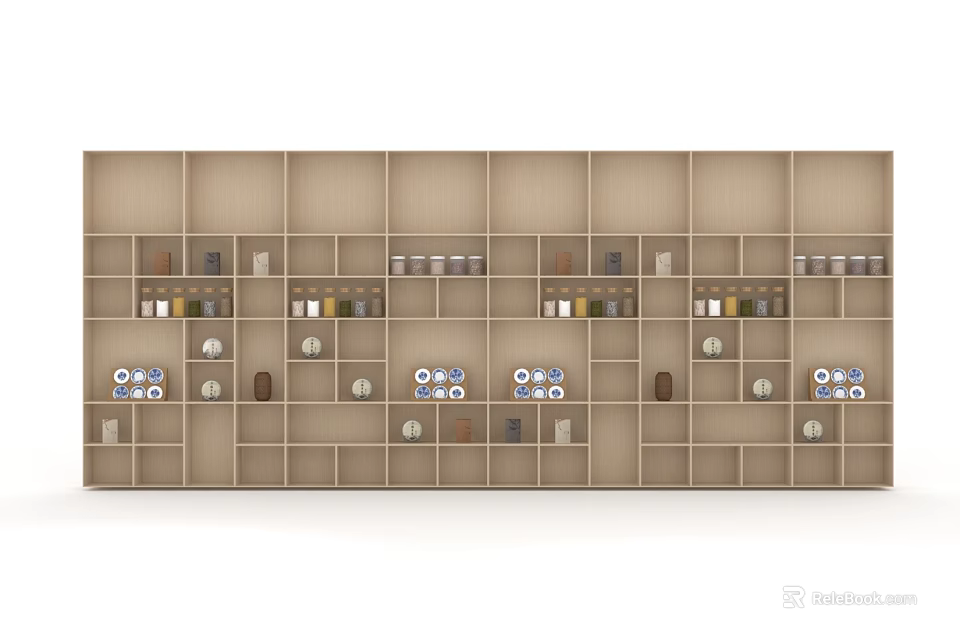 Beige Wall Cabinets With Grid Design For Kitchen Storage Containers And Plates 3d model 