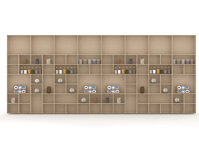 Beige Wall Cabinets With Grid Design For Kitchen Storage Containers And Plates 3d model