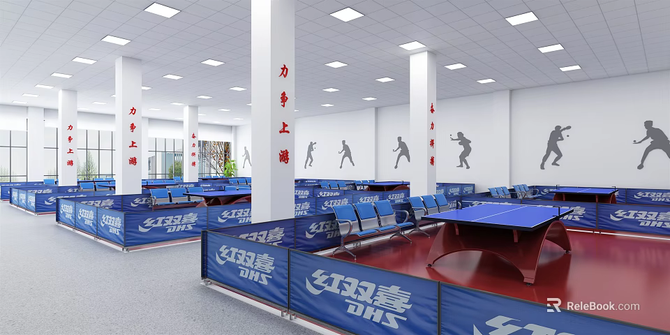 Indoor Table Tennis Fitness Court With DHS Tables Blue Barriers And Sports Silhouettes 3d model 