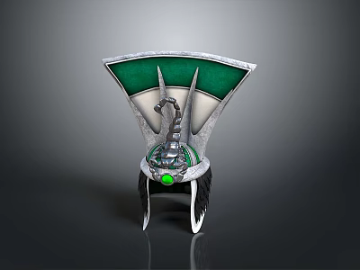 Ornate Fantasy Weapon Design With Green Silver Accents And Central Green Gemstone 3d model