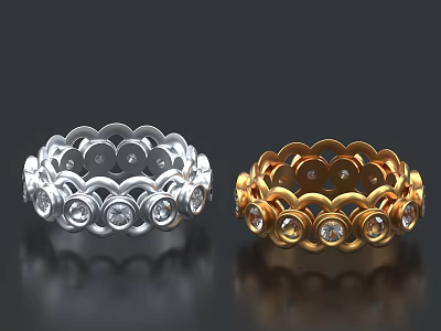 Elegant Silver And Gold Jewelry Rings With Scalloped Edge Inlaid Diamonds Design 3d model