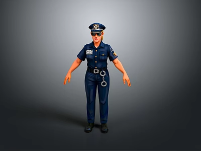 Detailed Police Figurine In Blue Uniform With Cap Handcuffs And Standing Pose 3d model