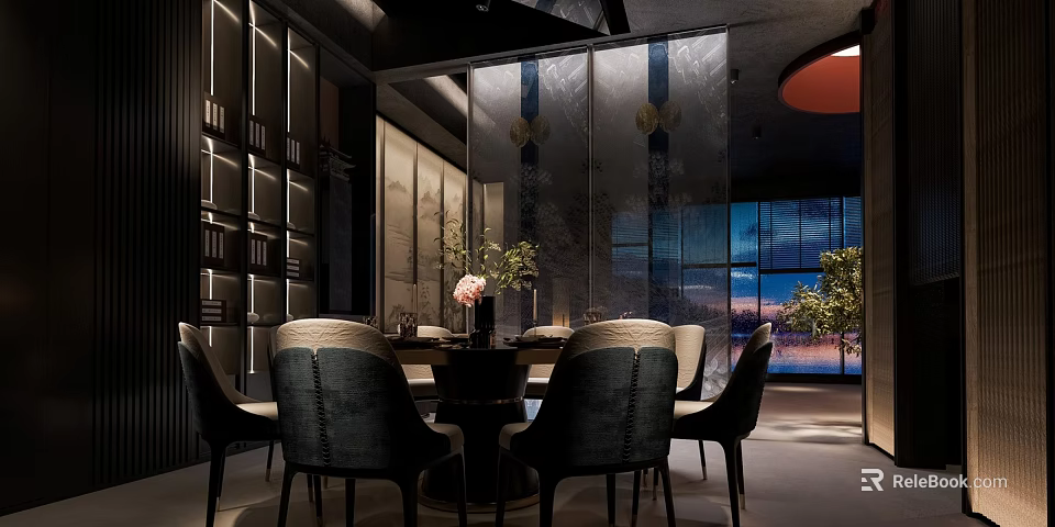 Elegant Private Room Interior With Round Dining Table Comfortable Chairs And Scenic Window View 3d model 