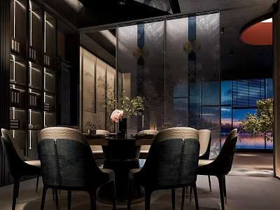 Elegant Private Room Interior With Round Dining Table Comfortable Chairs And Scenic Window View 3d model