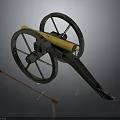 Vintage Brass Cannon With Large Wooden Wheels And Red Ramrod