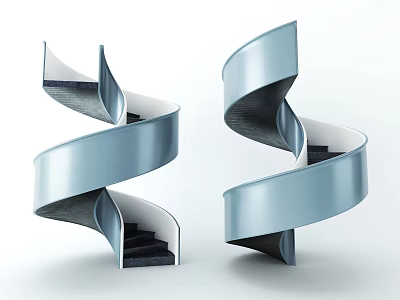 Modern Dual Spiral Staircase With Sleek Metal Railing And Dark Steps Design 3d model