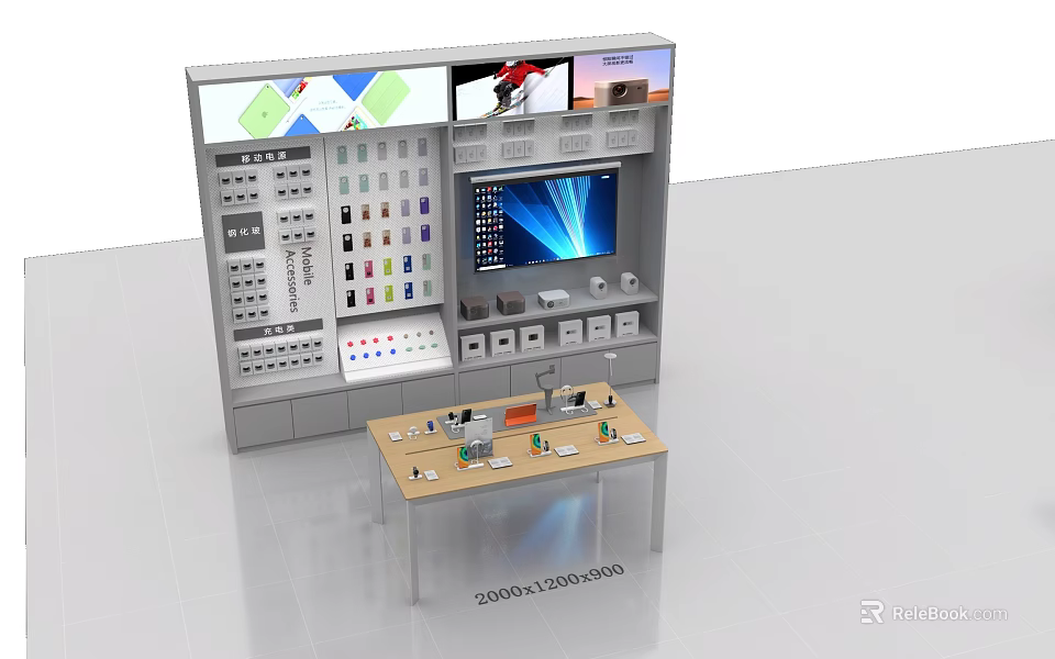 Modern Retail Store Display Cabinet With Multiple Screens And Electronic Product Samples On Table 3d model 