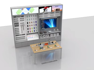 Modern Retail Store Display Cabinet With Multiple Screens And Electronic Product Samples On Table 3d model