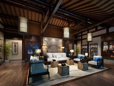 Traditional Chinese-style Reception Room Interior With Wooden Beams And Lantern Pendant Lights 3d model