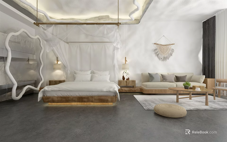 Hotel Guest Room With White Canopy Bed Wooden Frame Sofa And Macramé Wall Decor 3d model 