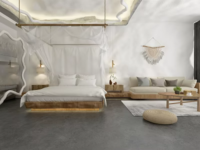 Hotel Guest Room With White Canopy Bed Wooden Frame Sofa And Macramé Wall Decor 3d model
