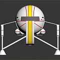White Mechanical Device With Yellow Stripes Marked Four And Metal Stands On Reflective Base