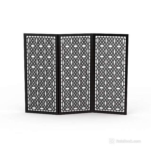 Decorative Black Three Panel Room Divider With Chinese Geometric Cutout Patterns 3d model 