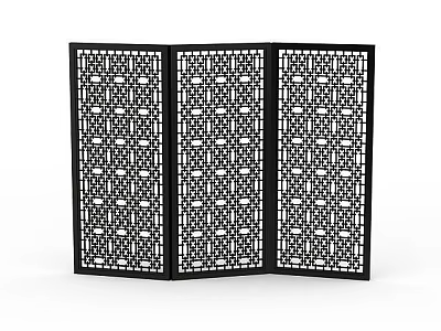 Decorative Black Three Panel Room Divider With Chinese Geometric Cutout Patterns 3d model