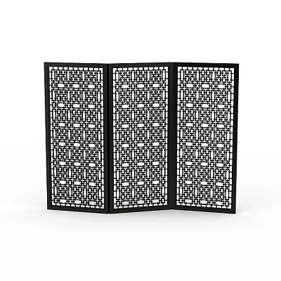 Decorative Black Three Panel Room Divider With Chinese Geometric Cutout Patterns 3d model