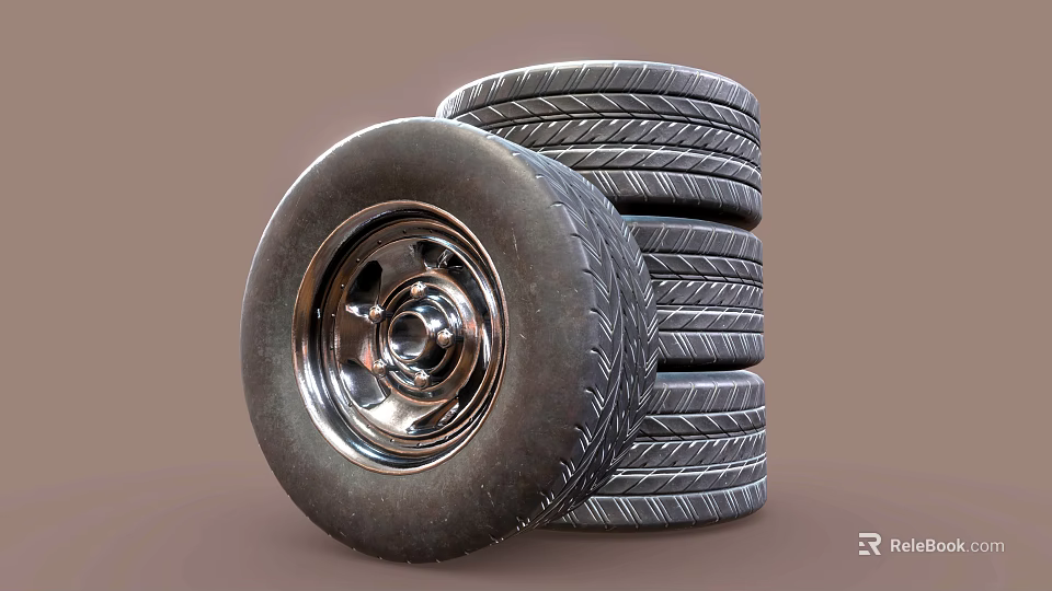 Car Tires Stacked with One Leaning Tire Featuring Metal Wheel Rim 3d model 