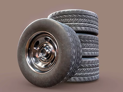 Car Tires Stacked with One Leaning Tire Featuring Metal Wheel Rim 3d model Car Tires Stacked with One Leaning Tire Featuring Metal Wheel Rim 3d model
