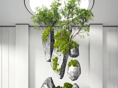 Art Installation Featuring Hanging Stones And Green Plants With Circular Ceiling Light On White Wall 3d model