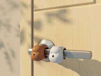 Wooden Door With Silver Handle And Brown White Bear Cartoon Covers 3d model