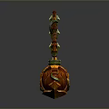 Decorative 3D Weapon With Orange Green Spherical Head And Ornate Staff Intricate Patterns