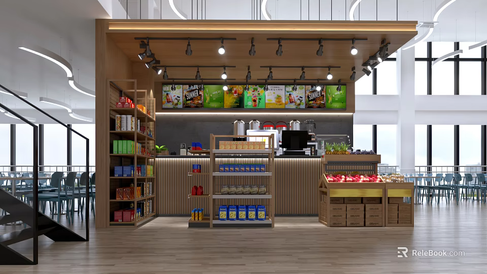 Modern Supermarket Department Store Interior With Shelves Food Items Beverages And Checkout Counter 3d model 