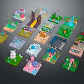 Colorful Cartoon Style Lego Miniature Buildings Featuring Various Creative Scenes