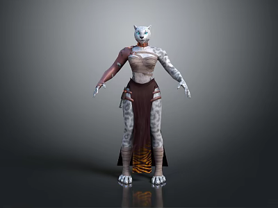 Half Human Cat Creature Character With White Head Spotted Body And Tribal Skirt Outfit 3d model