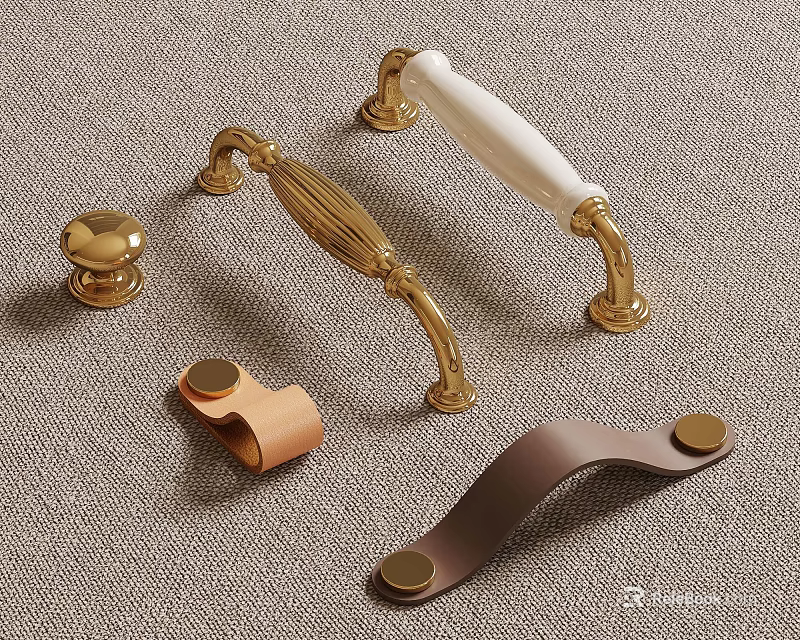 Various Decorative Furniture Handles With Gold Metal White Ceramic And Leather Designs 3d model 