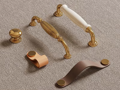 Various Decorative Furniture Handles With Gold Metal White Ceramic And Leather Designs 3d model