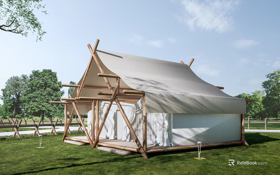 Glamping Tent With Wooden Frame And Canvas Roof In Natural Grassland Environment 3d model 