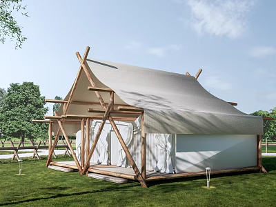 Glamping Tent With Wooden Frame And Canvas Roof In Natural Grassland Environment 3d model