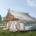 Glamping Tent With Wooden Frame And Canvas Roof In Natural Grassland Environment