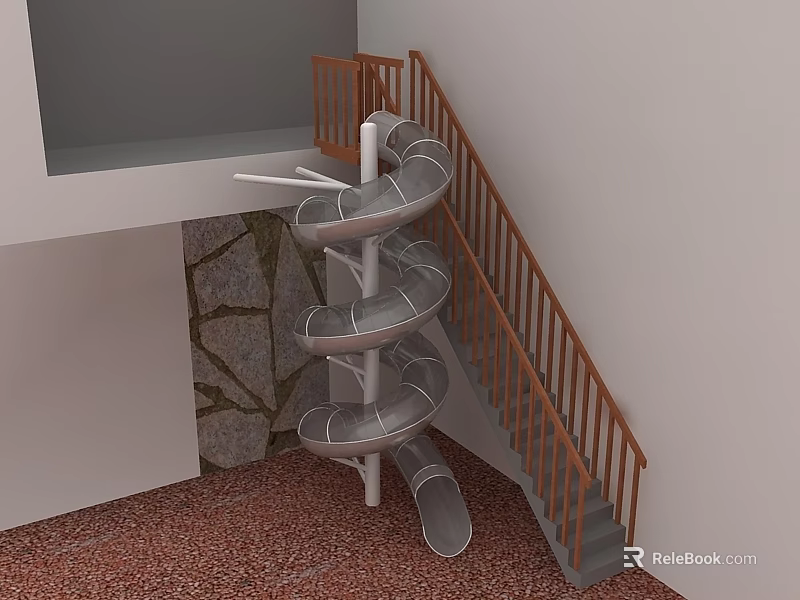 Modern Hinged Door in Indoor Area with Spiral Slide Staircase and Stone Wall 3d model 