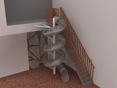 Modern Hinged Door in Indoor Area with Spiral Slide Staircase and Stone Wall 3d model