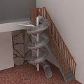 Modern Hinged Door in Indoor Area with Spiral Slide Staircase and Stone Wall