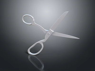 Open Silver Metal Scissors With Sharp Blades And Reflection On Dark Background 3d model