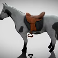 A gray and white horse with black spots brown saddle white mane and black tail