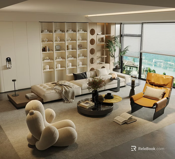 Modern Living Room Beige Sofa Round Coffee Table Set With Yellow Chair Plants Scenic View 3d model 