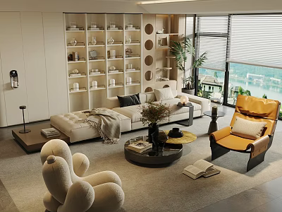 Modern Living Room Beige Sofa Round Coffee Table Set With Yellow Chair Plants Scenic View 3d model