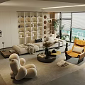 Modern Living Room Beige Sofa Round Coffee Table Set With Yellow Chair Plants Scenic View