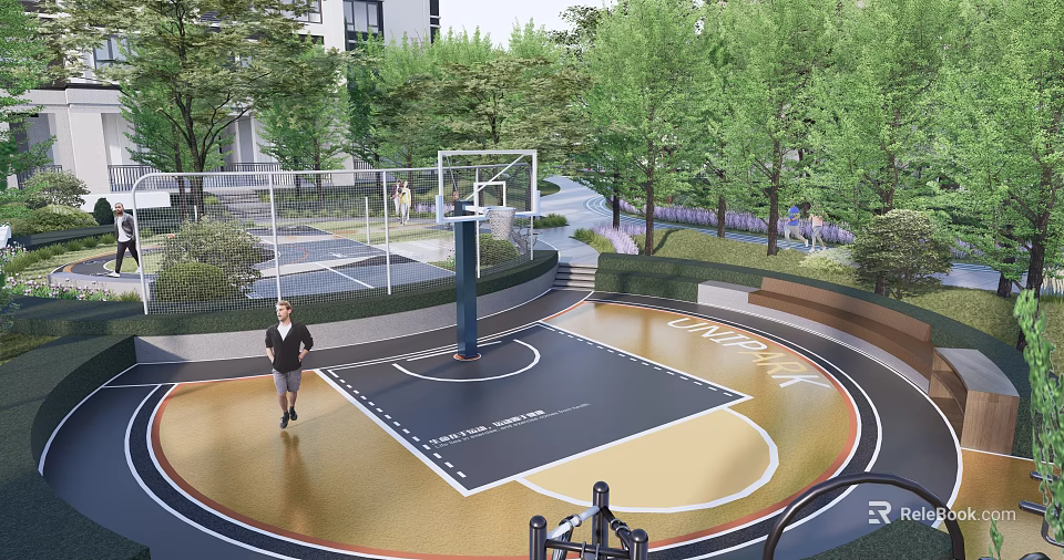 Outdoor Basketball Court With Golden Black Surface Design And Surrounding Green Trees And Hoop 3d model