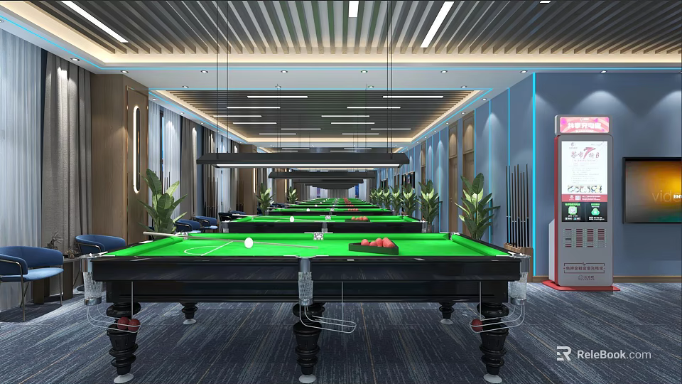 Spacious Modern Billiard Hall With Green Felt Tables And Hanging Lights 3d model 