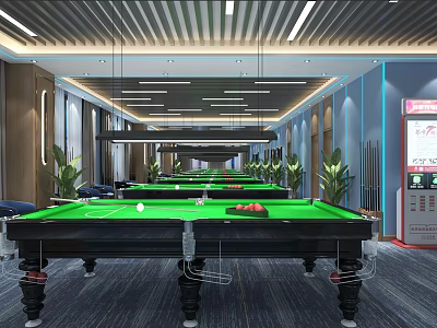 Spacious Modern Billiard Hall With Green Felt Tables And Hanging Lights 3d model