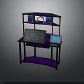 Gaming Computer Desk With Purple LED Lighting Laptop Digital Graphics And Speakers On Shelves
