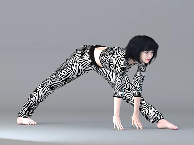 Barefoot Woman in Zebra Print Outfit Practicing Yoga Pose on Gray Background 3d model