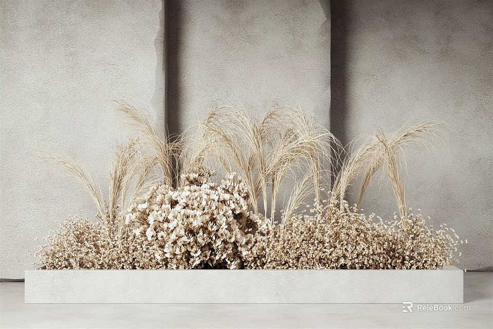 Dried Grasses And White Small Flowers In Gray Rectangular Planter Against Gray Background 3d model