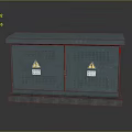 Outdoor Green Computer Cabinet With Double Doors Yellow Warning Signs And Gray Pedestal