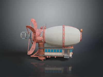 Steampunk Airship Model Featuring White Body Orange Propeller Blue Windows And Base Structure 3d model