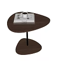 Modern Walnut Side Table With Unique Shape Black Metal Stand And Coffee Cup On Book