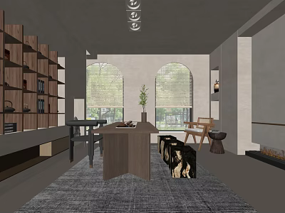 Modern Office Interior With Wooden Bookshelves Large Table Windows Blinds And Potted Plant 3d model